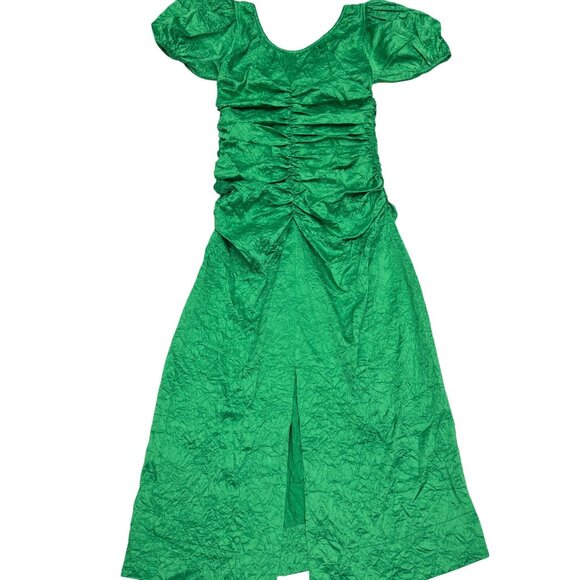 Ganni Ruched Crinkled Satin Midi Dress Women's Bright Green, Size 36 (US 4) NWOT - Picture 2 of 9